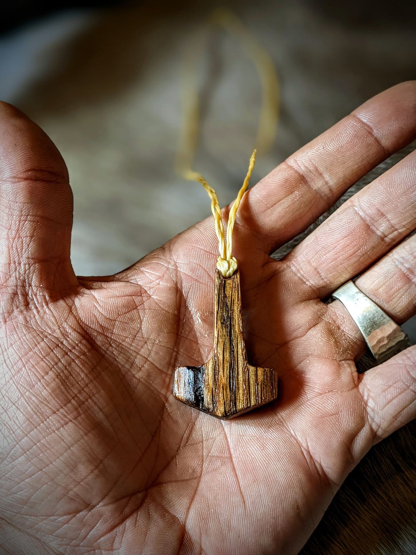 Aged Hickory Mjolnir Pendant | Hand Carved | Braided Sinew Cord