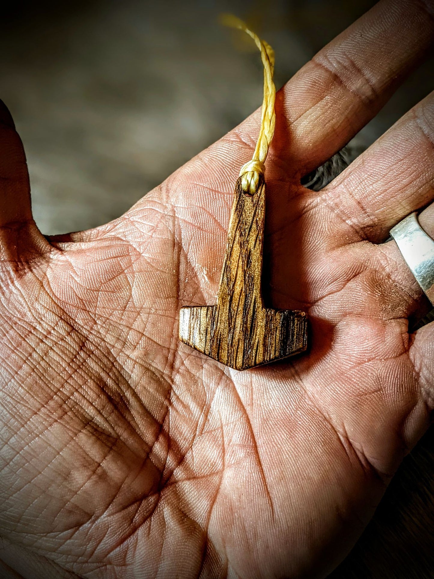 Aged Hickory Mjolnir Pendant | Hand Carved | Braided Sinew Cord