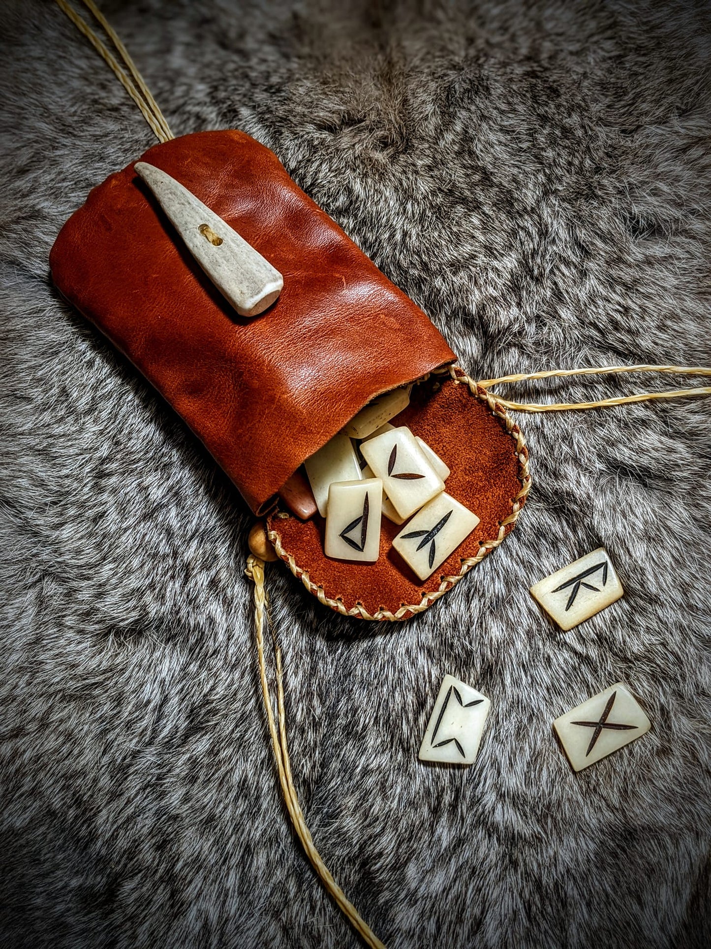 Wearable Hand Sewn Leather Rune or Medicine Bag | Antler Button