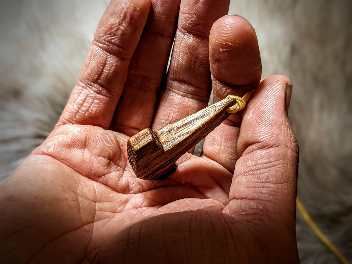 Aged Hickory Mjolnir Pendant | Hand Carved | Braided Sinew Cord
