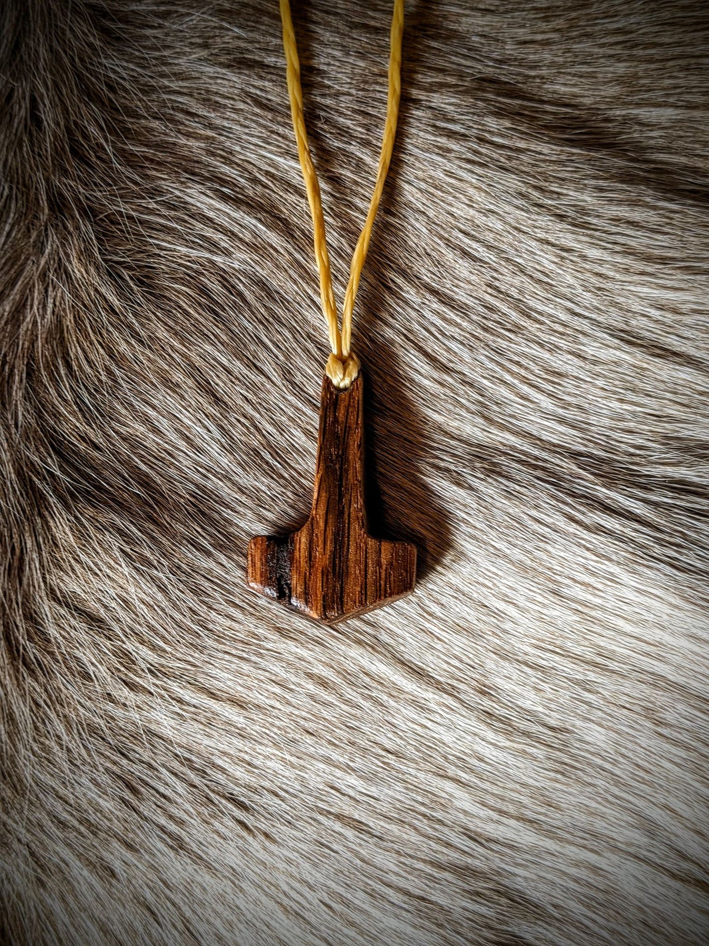Aged Hickory Mjolnir Pendant | Hand Carved | Braided Sinew Cord