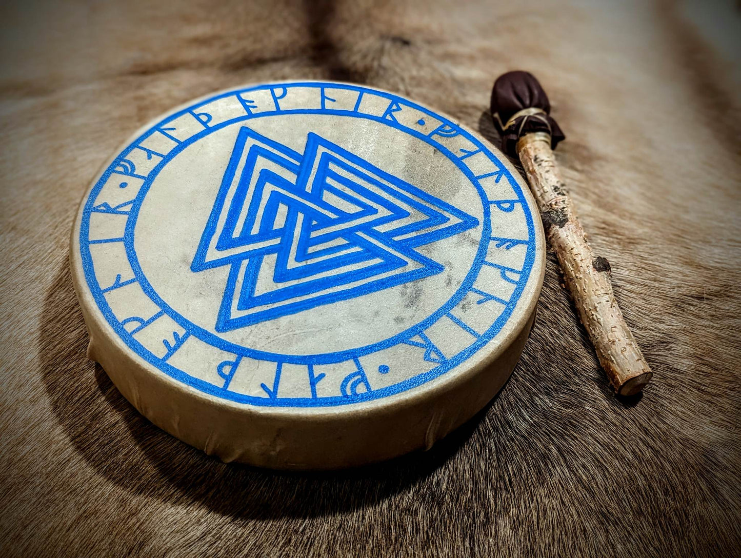 10 Inch Deer Hide Shaman Drum With Birch Beater | Norse Art | Hand Painted