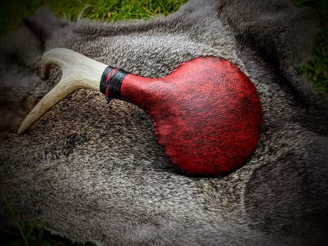 Dyed Red Bear Hide & Deer Antler Rattle
