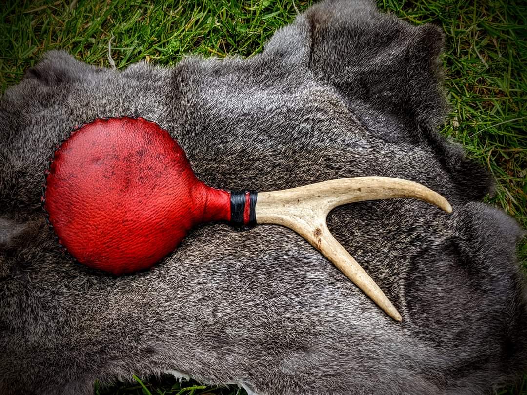 Dyed Red Bear Hide & Deer Antler Rattle