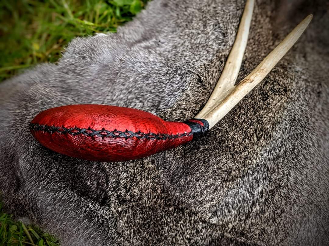 Dyed Red Bear Hide & Deer Antler Rattle