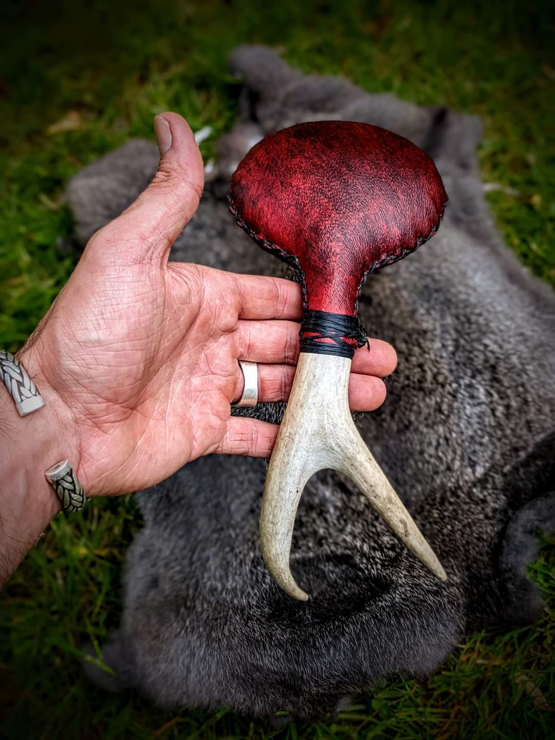 Dyed Red Bear Hide & Deer Antler Rattle