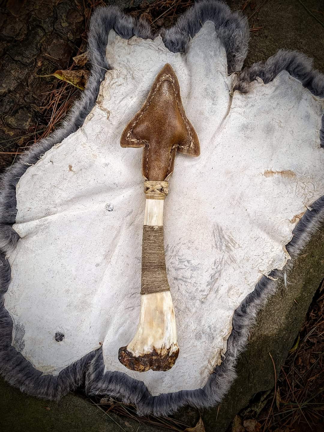 Deer Hide and Bone Arrow Shape Rattle