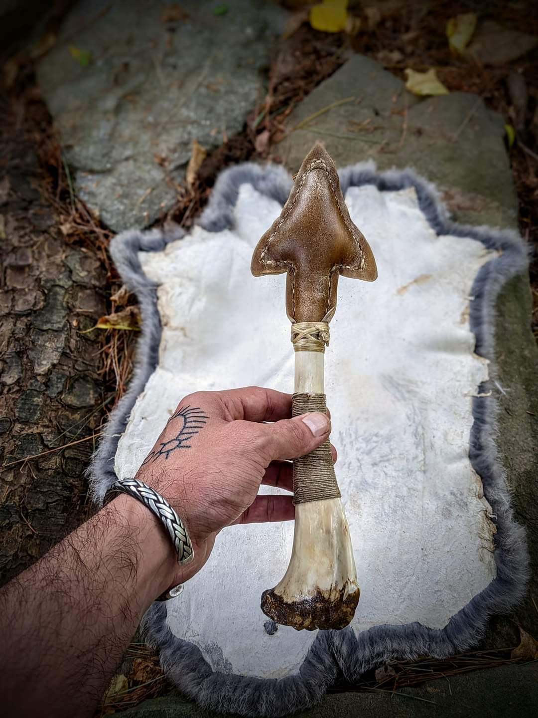 Deer Hide and Bone Arrow Shape Rattle