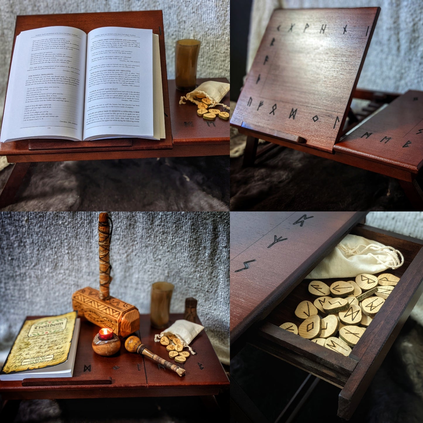 Solid Wood Folding Altar | Book Stand + Rune Drawer | Asatru Altar | Rune Altar | Norse Pagan | Heathen Altar | Portable Altar | Witch Altar