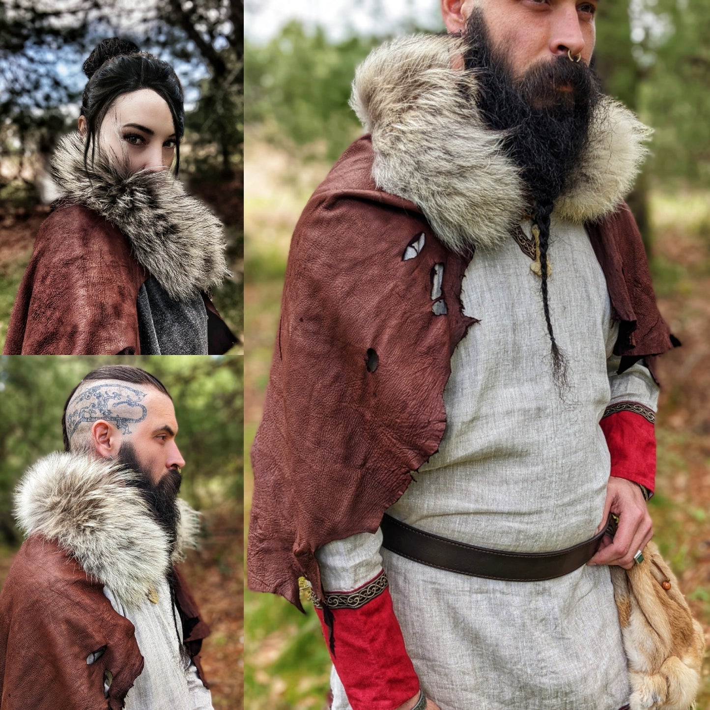 Wolf Fur + Buckskin Leather Cape | Antler Reinforced Stitching