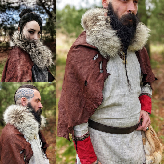 Wolf Fur + Buckskin Leather Cape | Antler Reinforced Stitching