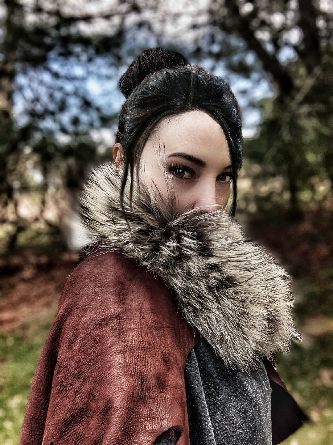 Wolf Fur + Buckskin Leather Cape | Antler Reinforced Stitching