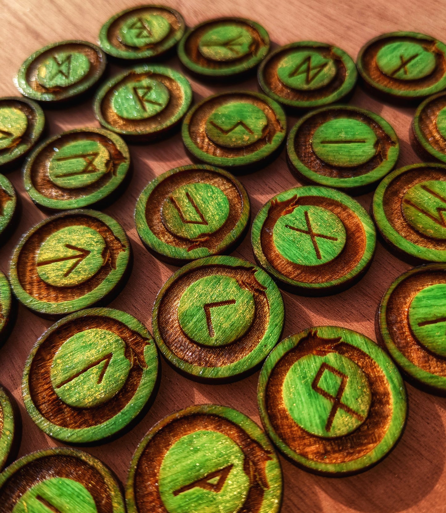 Green & Gold Loki Jormungandr Engraved Wood Rune Set
