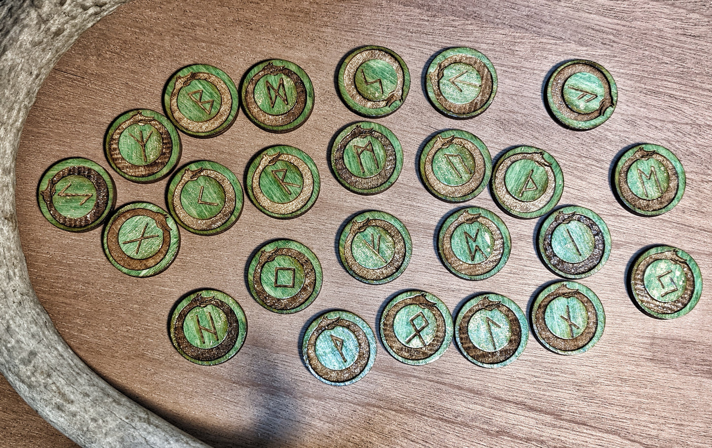 Green & Gold Loki Jormungandr Engraved Wood Rune Set