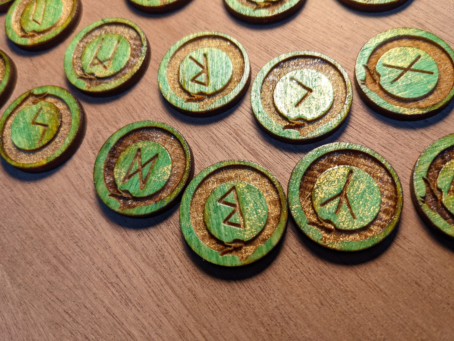 Green & Gold Loki Jormungandr Engraved Wood Rune Set