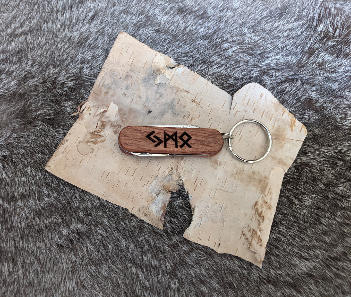 Engraved Rune Initial Wood Keychain Knife | Personalized Knife | Pocket Knife With File & Scissors