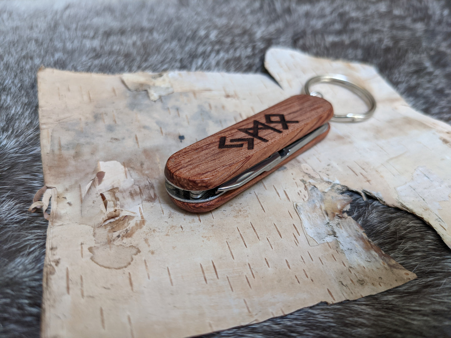 Engraved Rune Initial Wood Keychain Knife | Personalized Knife | Pocket Knife With File & Scissors