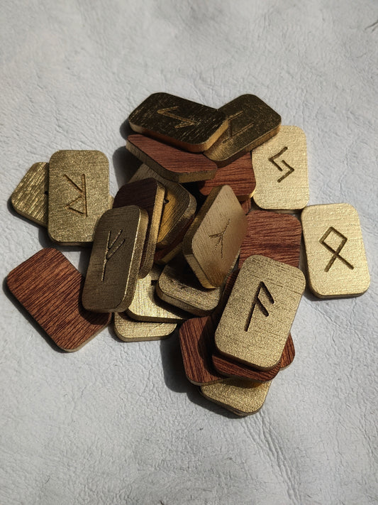 Gold Lacquer Mahogany Elder Futhark Rune Set 24 Runes Norse Pagan With Bag