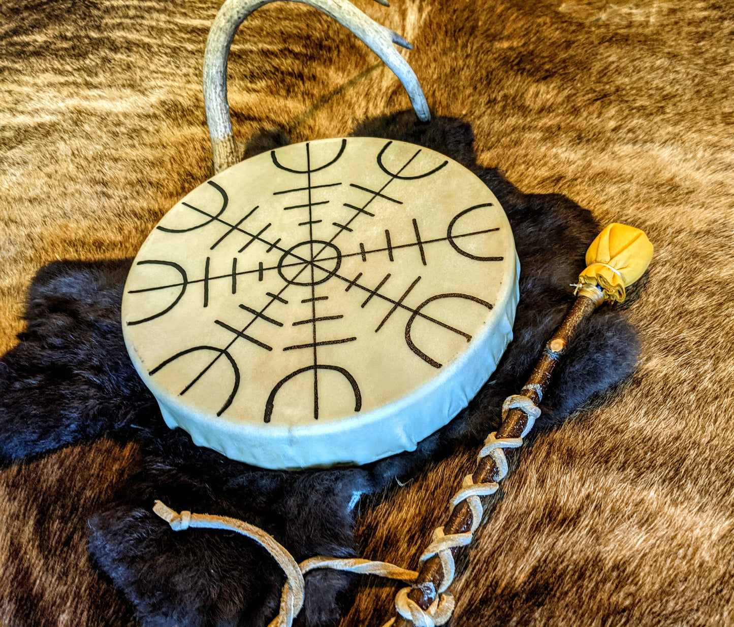 Ægishjálmr Helm of Awe Deer Skin Shaman Drum 10" With Alder Branch Beater Hand Painted Norse Pagan Asatru