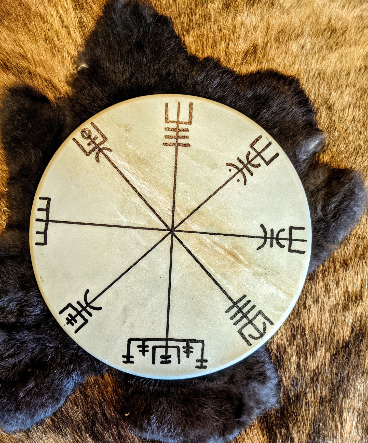 Vegvisir Deer Skin Shaman Drum 10" With Alder Branch Beater Hand Painted Norse Pagan Asatru