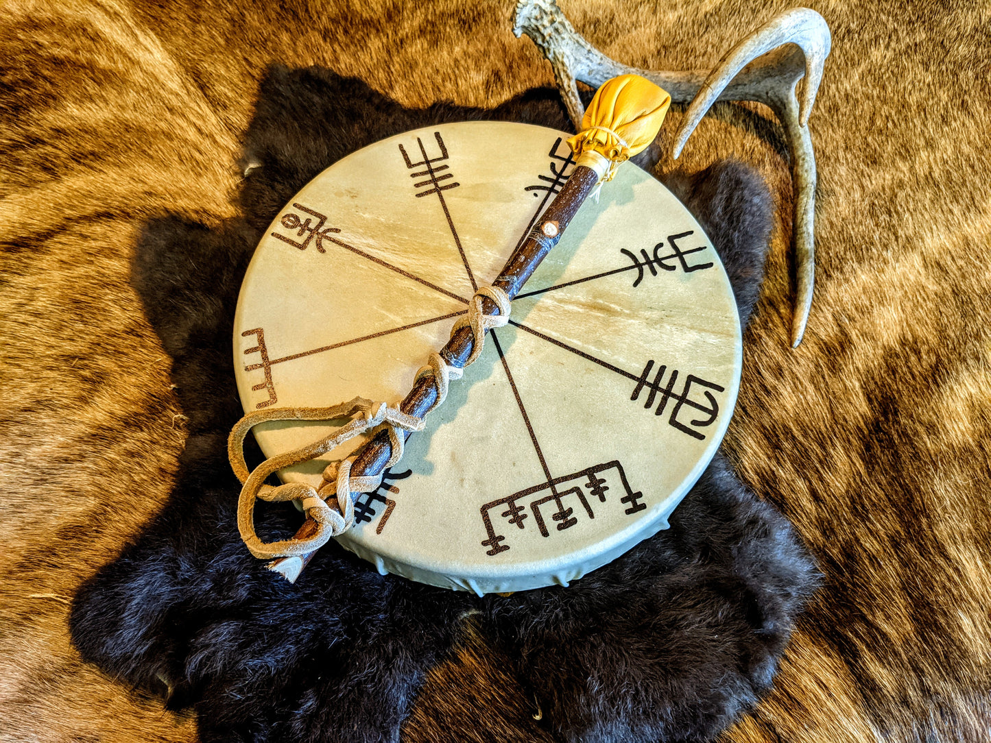Vegvisir Deer Skin Shaman Drum 10" With Alder Branch Beater Hand Painted Norse Pagan Asatru