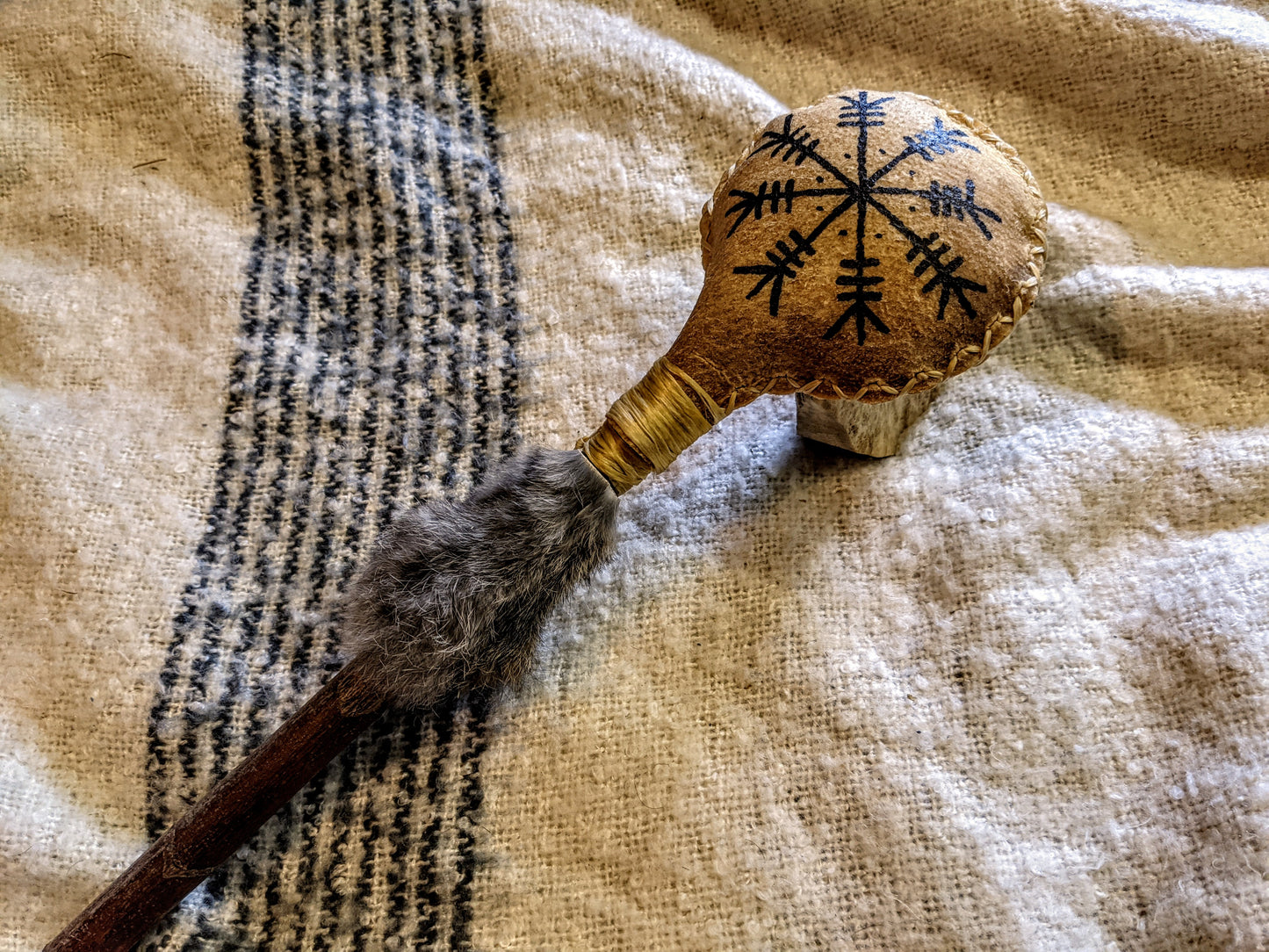 Norse Pagan Shaman Rattle Moose Hide Hand Painted Spirit of Amplified Protection