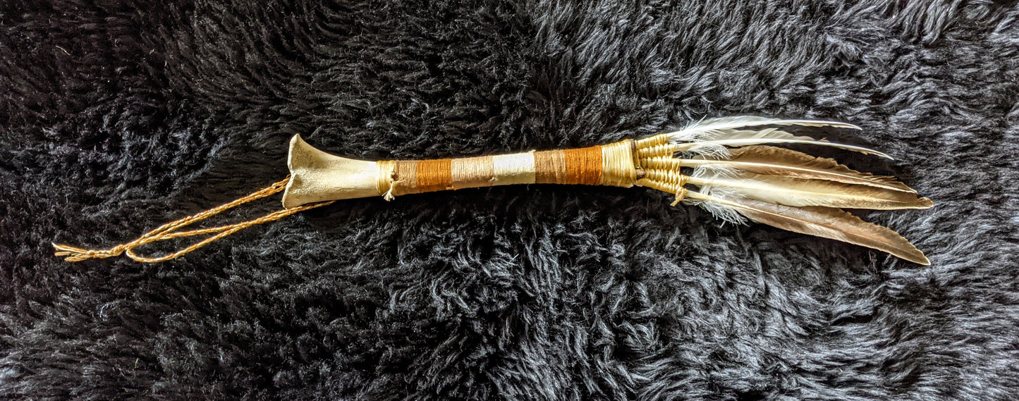 Duck Feather Bone Handle Smoke / Smudge Wand Sinew Wrapped 15"