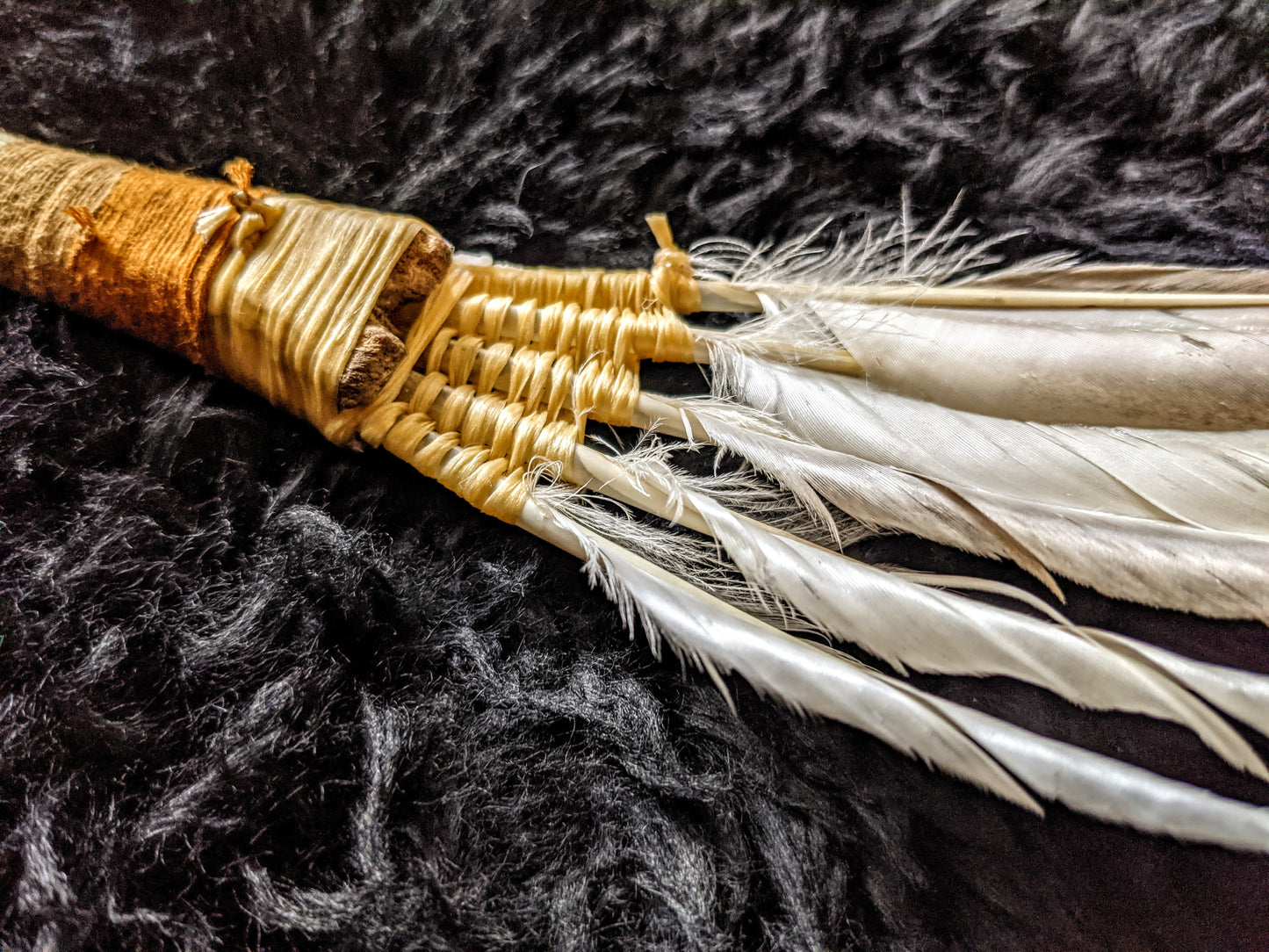 Duck Feather Bone Handle Smoke / Smudge Wand Sinew Wrapped 15"