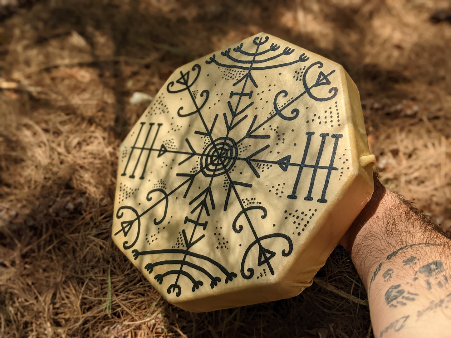 10" Hand Painted Veldismagn Stave Deer Hide Shaman Drum With Beater 8 Sided