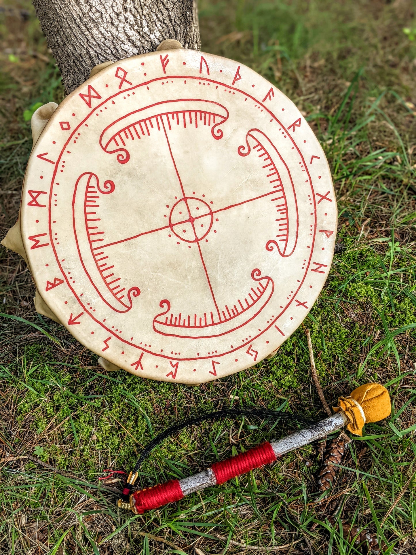 16 Sided 15" Deer Hide Norse Shaman Drum With Beater Drakkar Viking Ship Travel