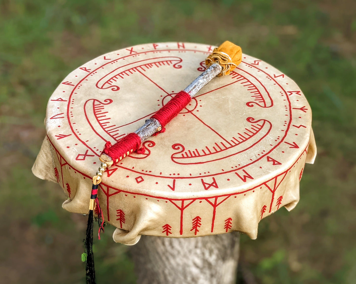 16 Sided 15" Deer Hide Norse Shaman Drum With Beater Drakkar Viking Ship Travel