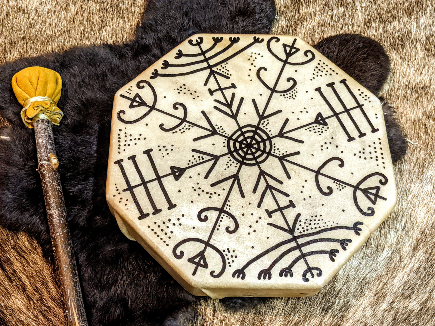 10" Hand Painted Veldismagn Stave Deer Hide Shaman Drum With Beater 8 Sided