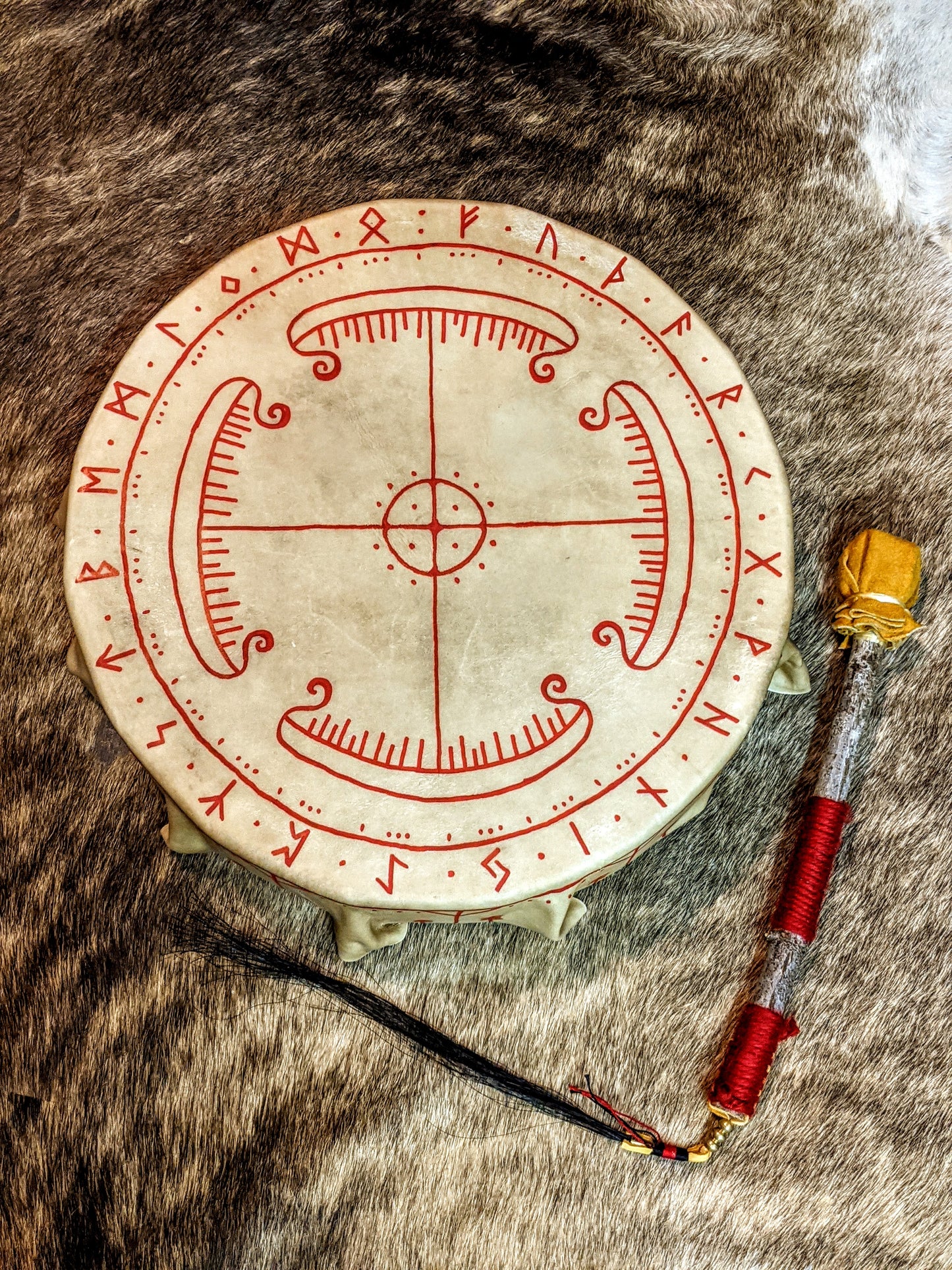 16 Sided 15" Deer Hide Norse Shaman Drum With Beater Drakkar Viking Ship Travel