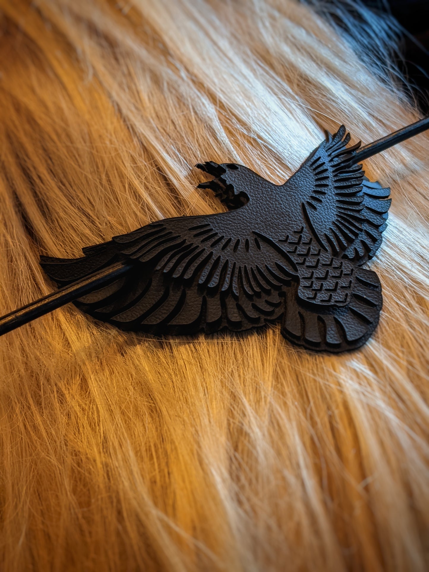 3D Black Leather Raven Hair Pin Huginn Muninn Norse Pagan Hair Stick