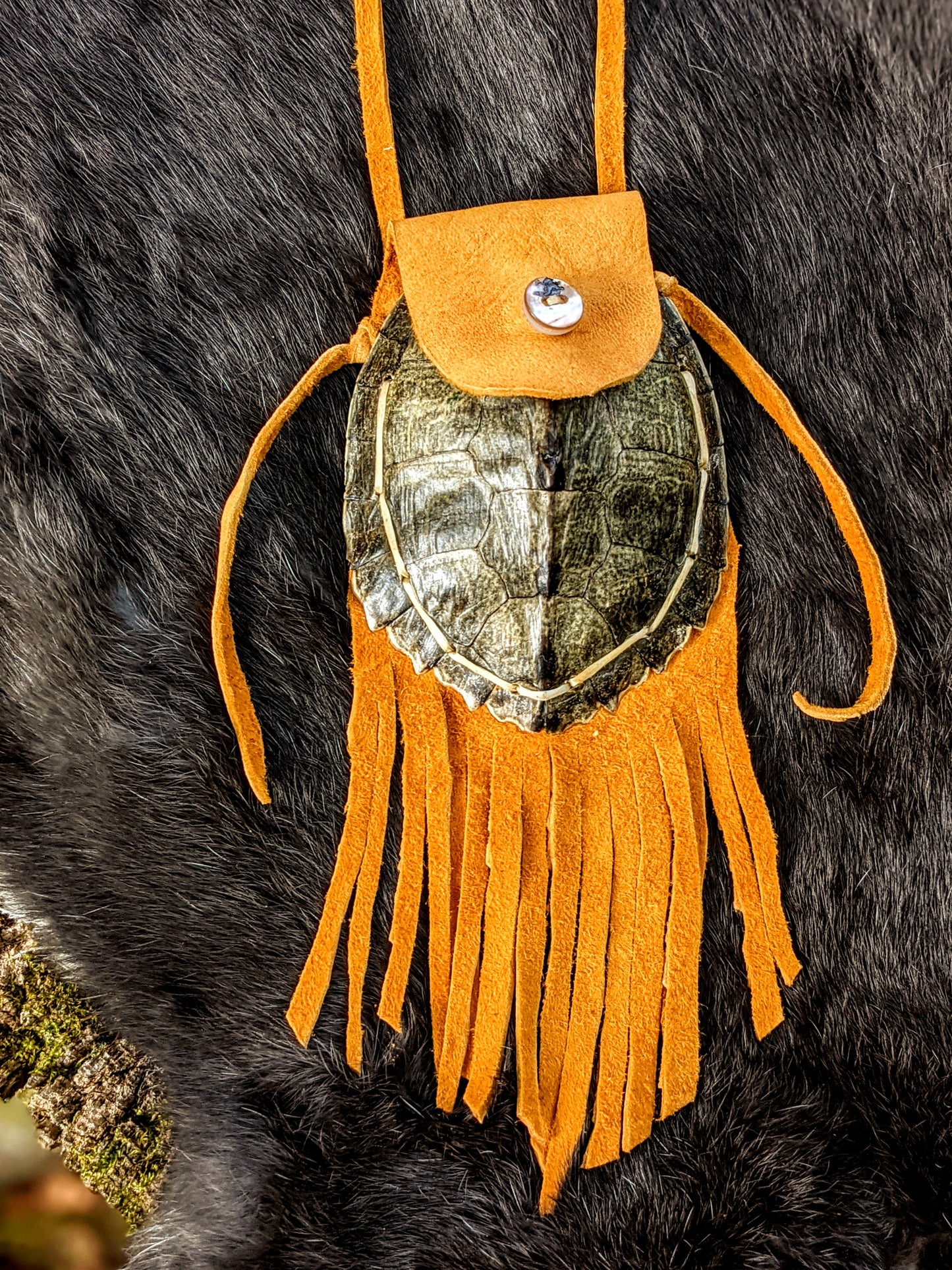 Turtle Shell & Buckskin Leather Medicine Bag Neck Pouch Protection Bindrune