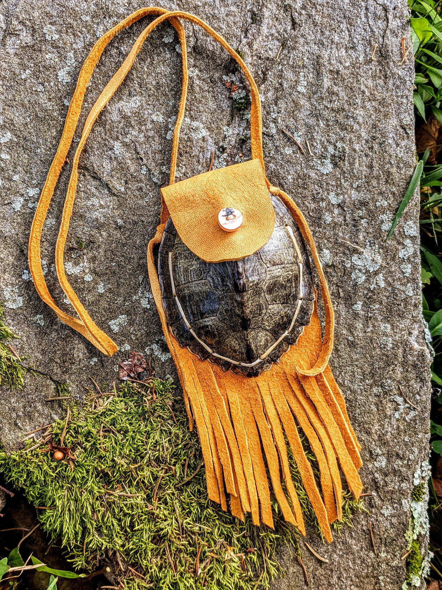 Turtle Shell & Buckskin Leather Medicine Bag Neck Pouch Protection Bindrune