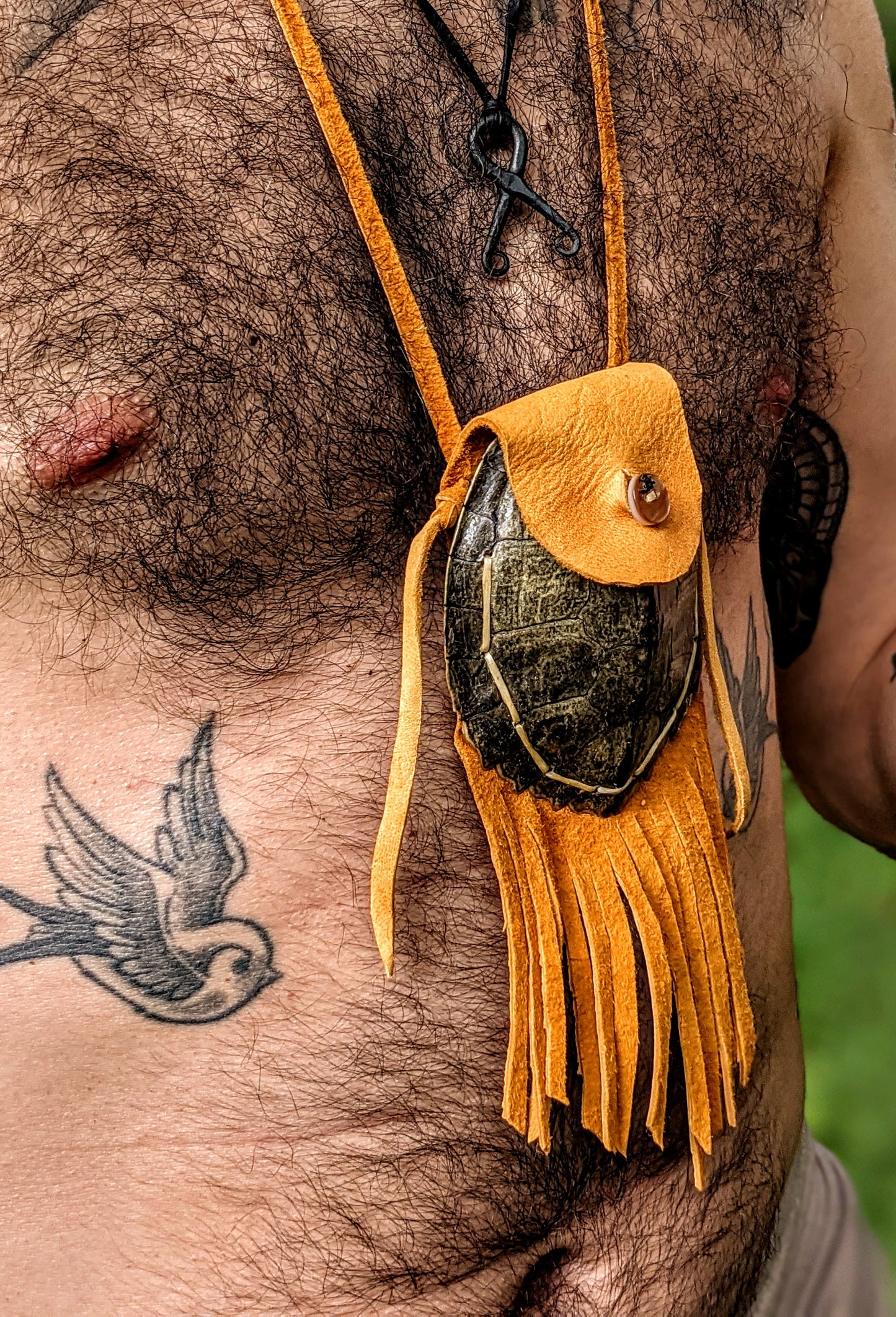 Turtle Shell & Buckskin Leather Medicine Bag Neck Pouch Protection Bindrune