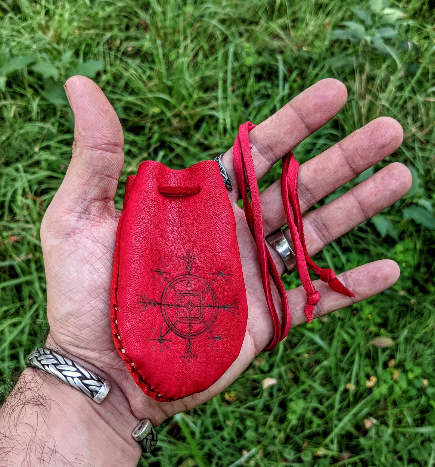 Red Hulinhjalmur (“Helm Of Disguise”) Stave Buckskin Leather 2x3 Medicine Bag Neck Pouch Rune Norse Pagan