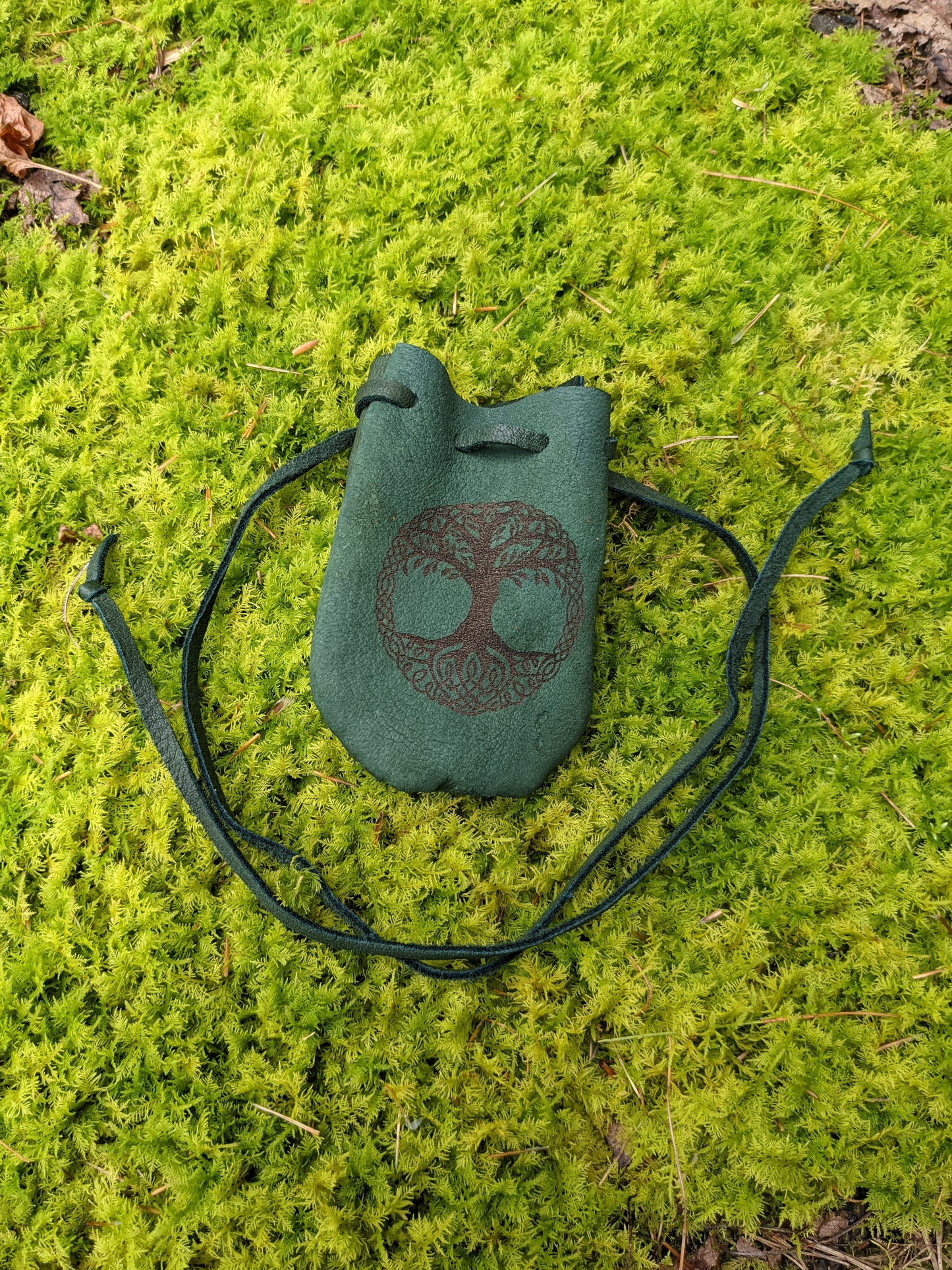 Green Yggdrasil Buckskin Leather 2x3.5 Medicine Bag Neck Pouch Rune Norse Pagan