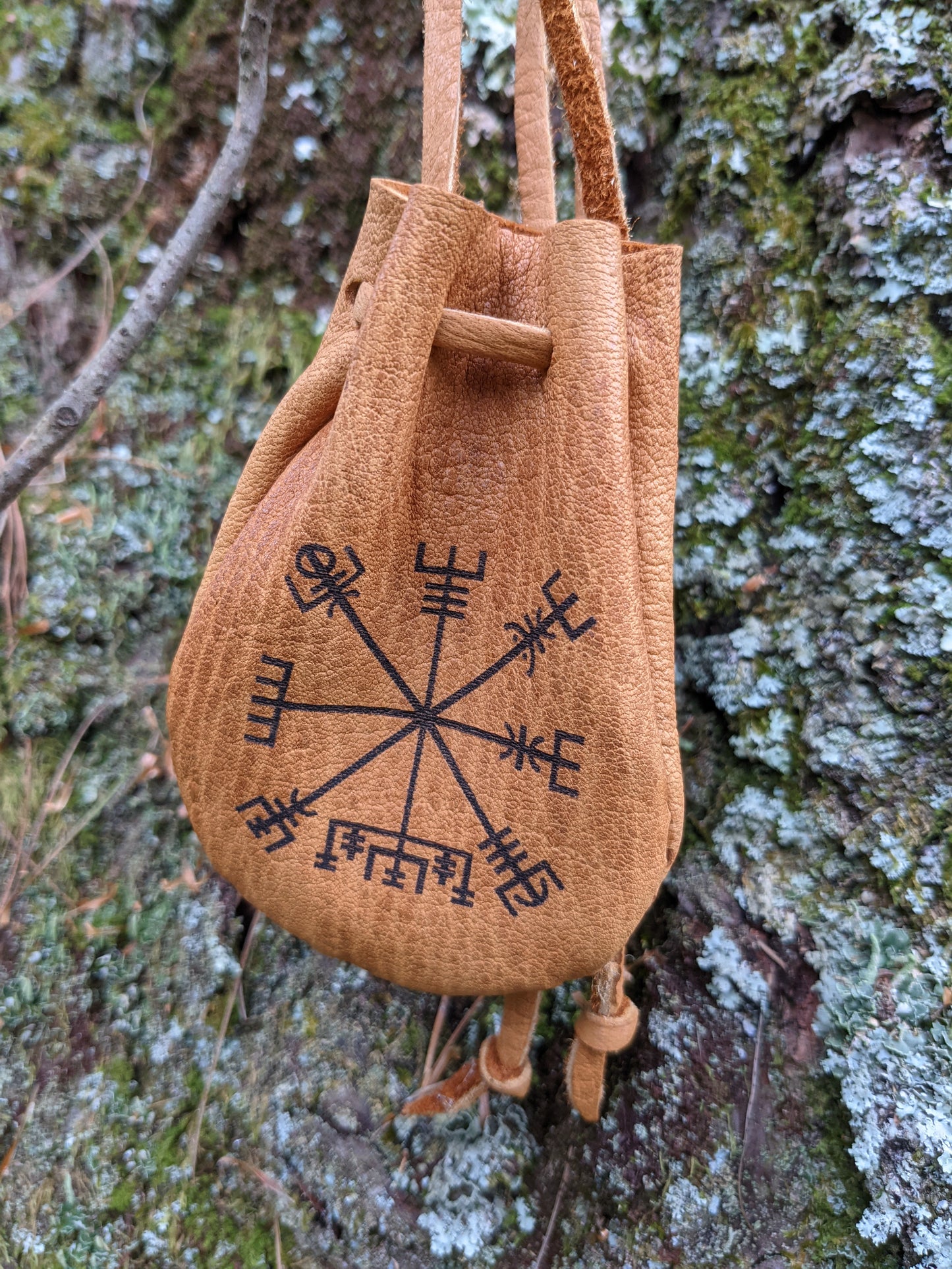 Brown Vegvisir Buckskin Leather 2x3.5 Medicine Bag Neck Pouch Rune Norse Pagan