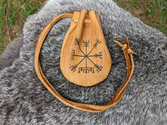 Brown Vegvisir Buckskin Leather 2x3.5 Medicine Bag Neck Pouch Rune Norse Pagan