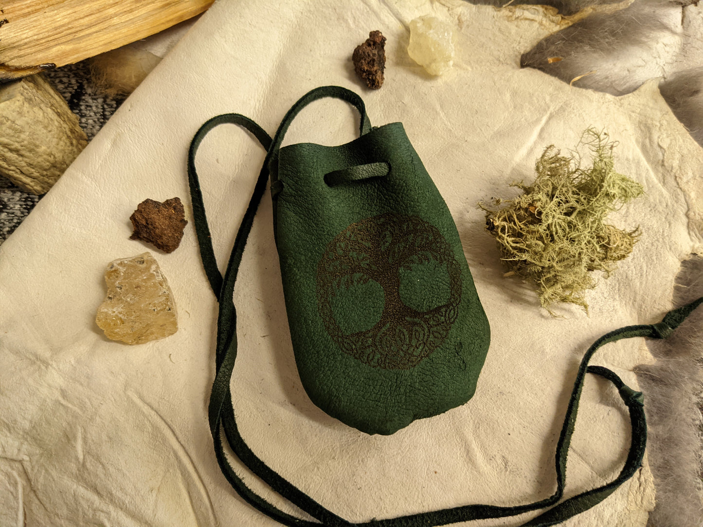 Green Yggdrasil Buckskin Leather 2x3.5 Medicine Bag Neck Pouch Rune Norse Pagan