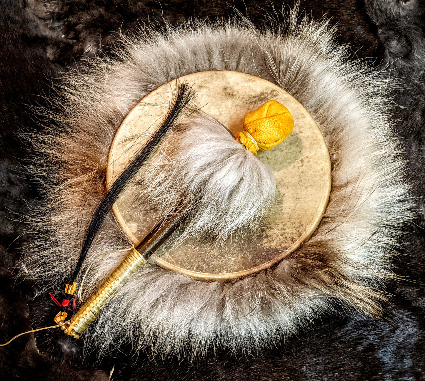 10" Wolf Fur Deer Hide Norse Shaman Drum With Leather Beater + Horse Hair + Brass Beads