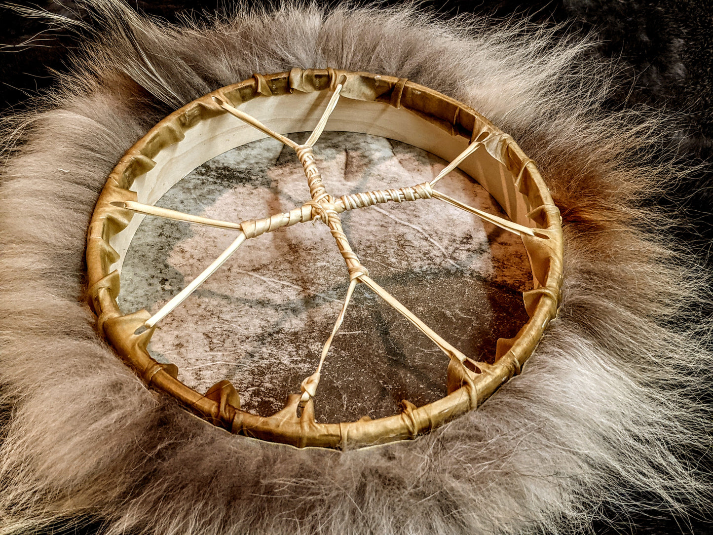 10" Wolf Fur Deer Hide Norse Shaman Drum With Leather Beater + Horse Hair + Brass Beads