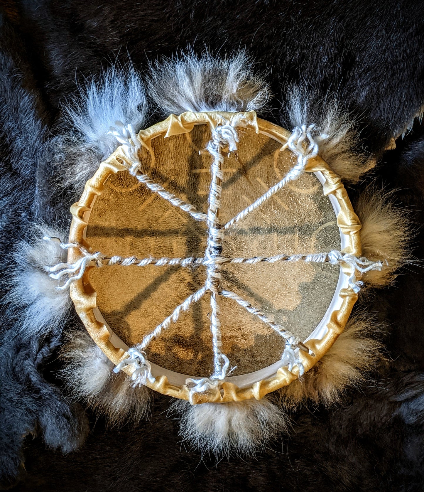 Hand Painted Bear Skin Drum + Bobcat Fur Norse Shaman With Alder & Leather Beater
