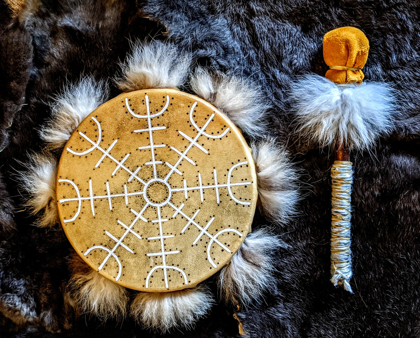 Hand Painted Bear Skin Drum + Bobcat Fur Norse Shaman With Alder & Leather Beater