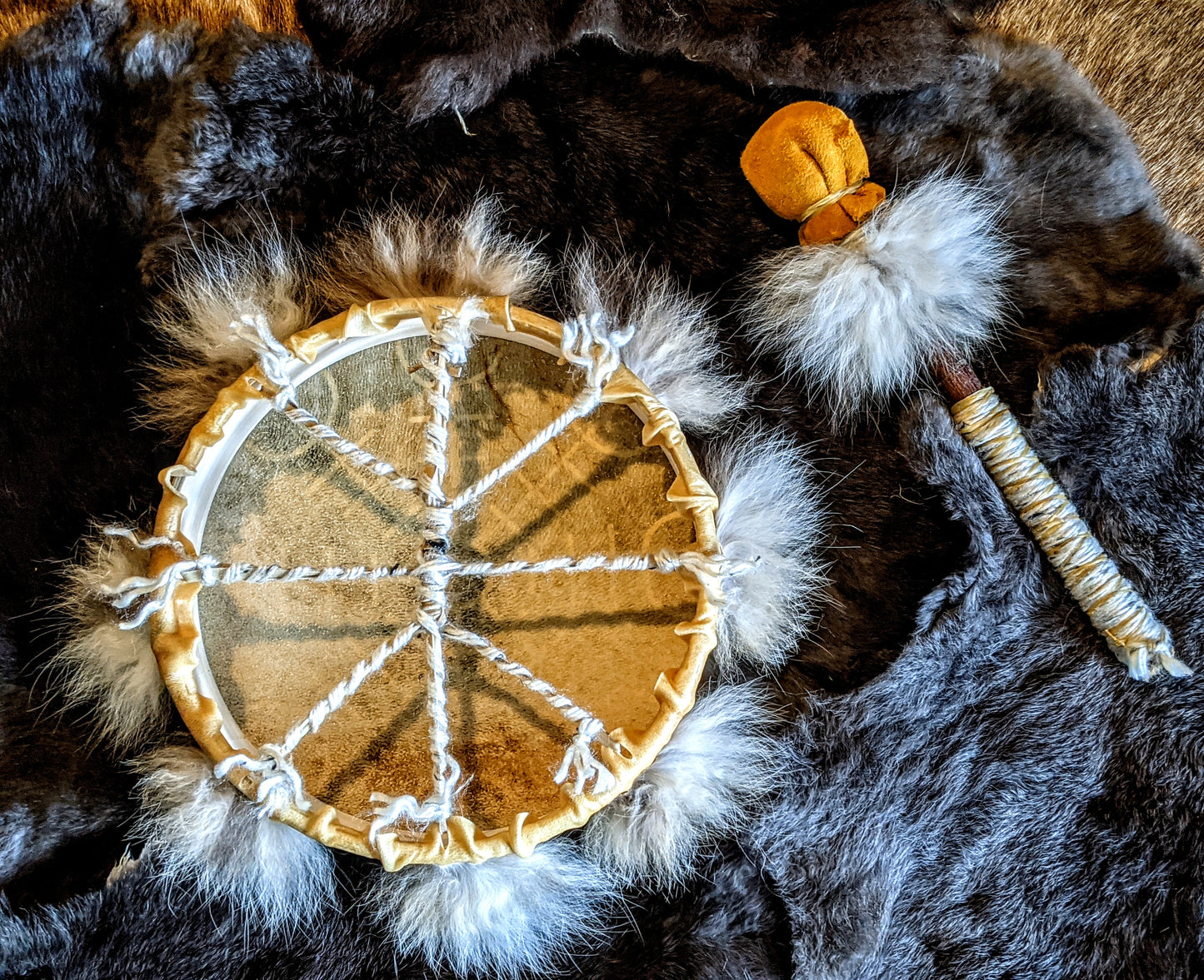 Hand Painted Bear Skin Drum + Bobcat Fur Norse Shaman With Alder & Leather Beater