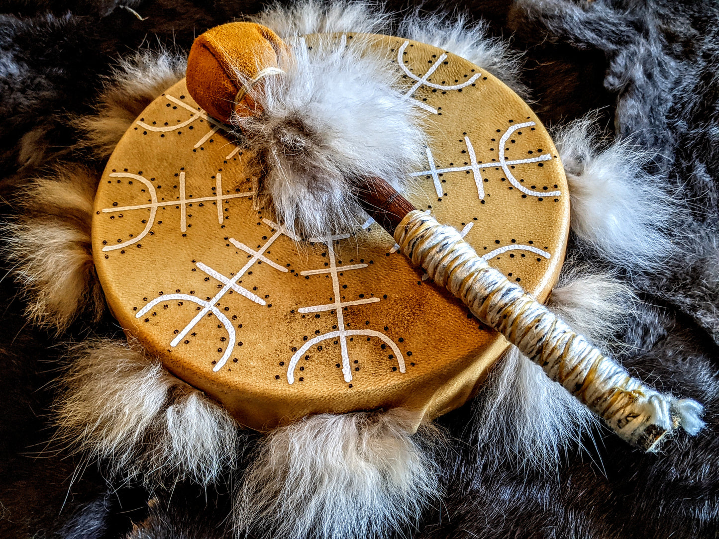 Hand Painted Bear Skin Drum + Bobcat Fur Norse Shaman With Alder & Leather Beater