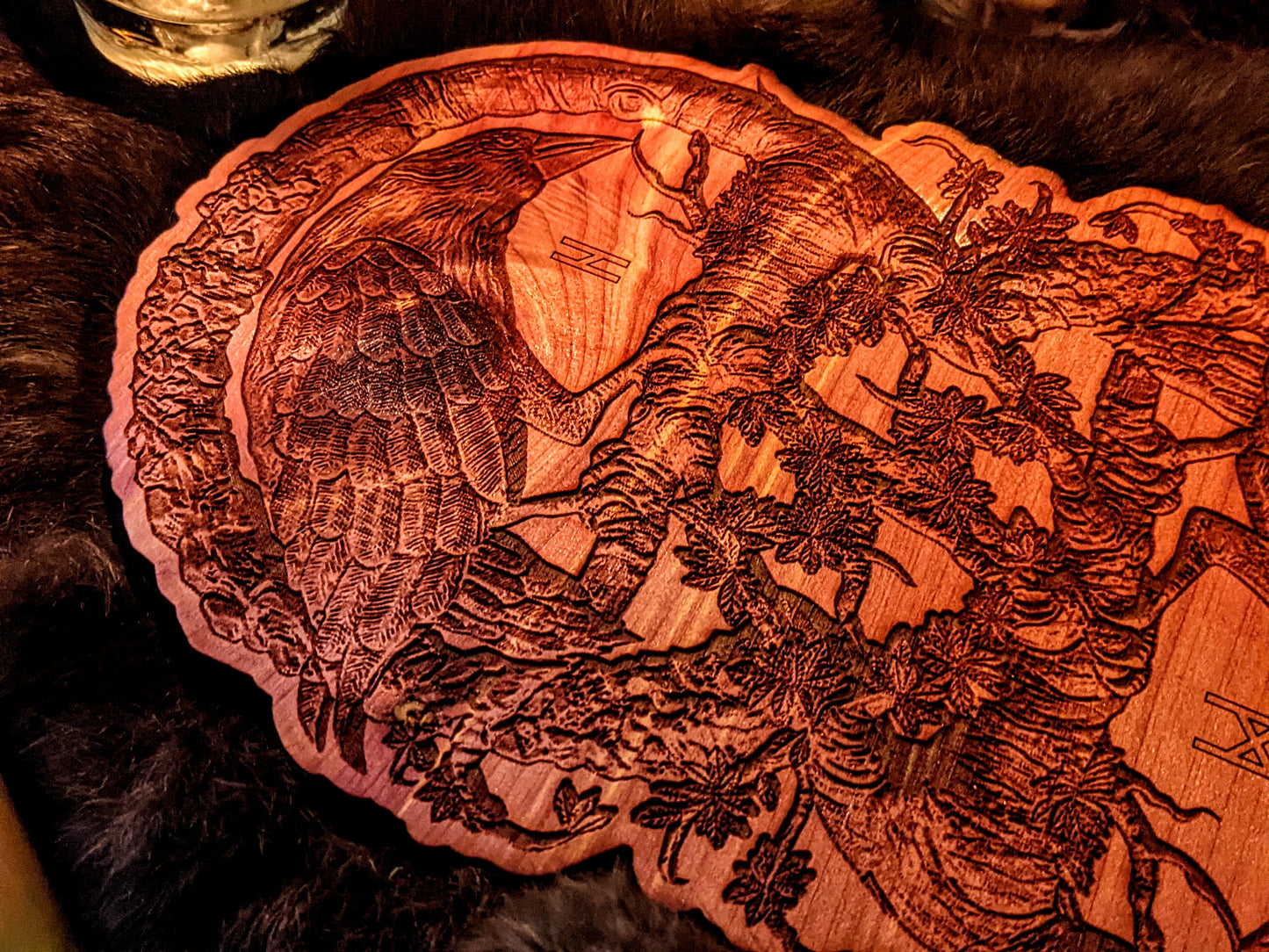 Huginn + Muninn Odin's Ravens Cedar Engraved Altar Plate | Norse Pagan | Asatru Altar