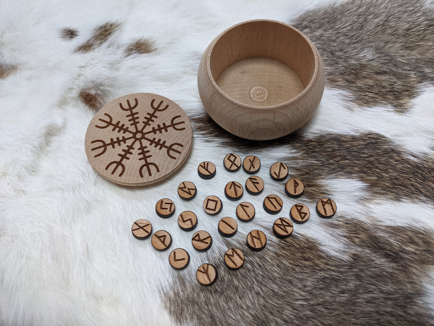 Hand Turned Alder Micro Mini Rune Set Elder Futhark Small Runes With Wood Box Helm of Awe